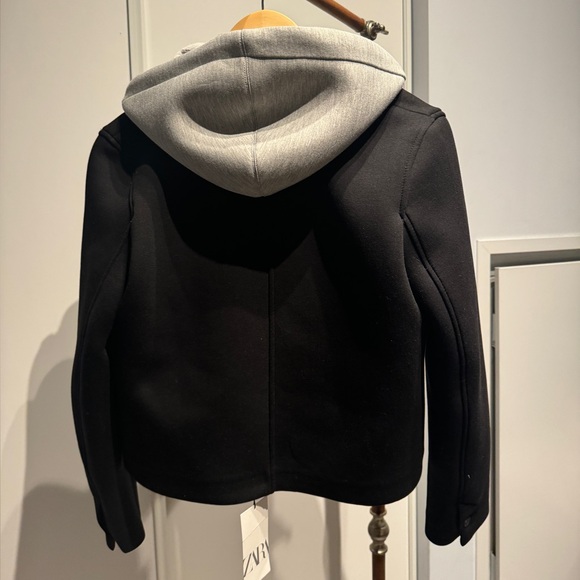 New! Zara Black Cropped Peacoat with Grey Hoodie - Picture 3 of 5
